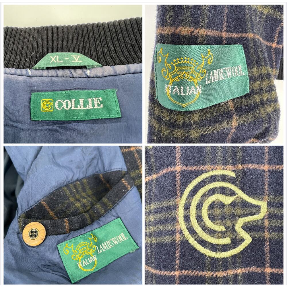 Vintage Collie Italian Lambs Wool Varsity Bomber Jacket Mens XL Navy Blue Plaid - Picture 8 of 11